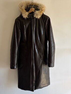 MO851 Full Leather Brown Winter Parka Coat With Fur